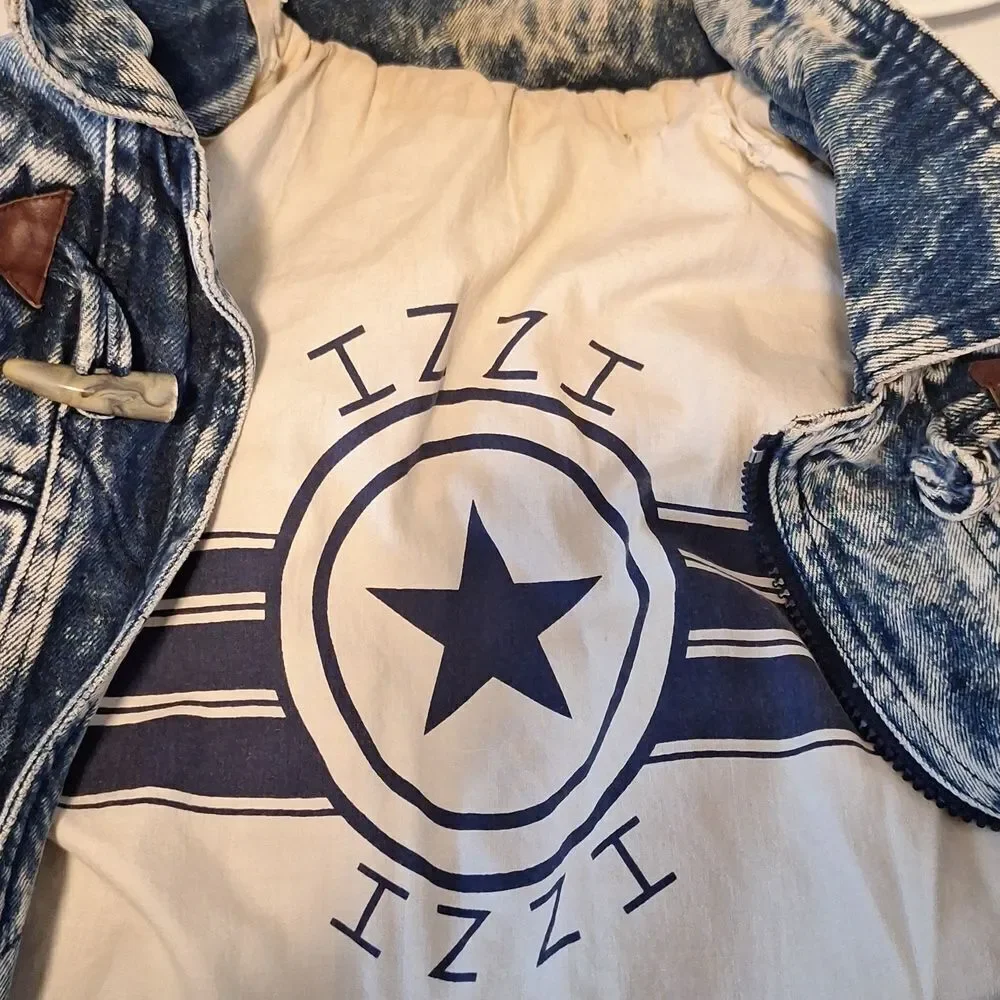 Izzi vintage 80s stone washed denim with leather accents long jacket/coat L - Picture 7 of 14
